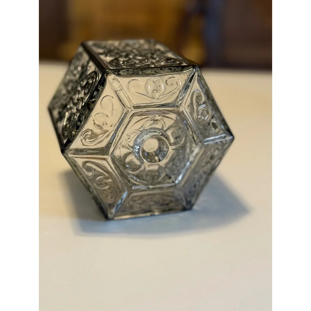 Vintage Hexagonal Clear Glass Black Scroll Filigree Decorative 5.5in Light Cover